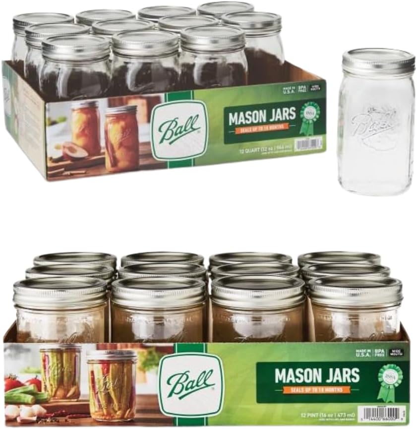 12 Quart 32 Ounce Glass Mason Jars with Lids and Bands D156
