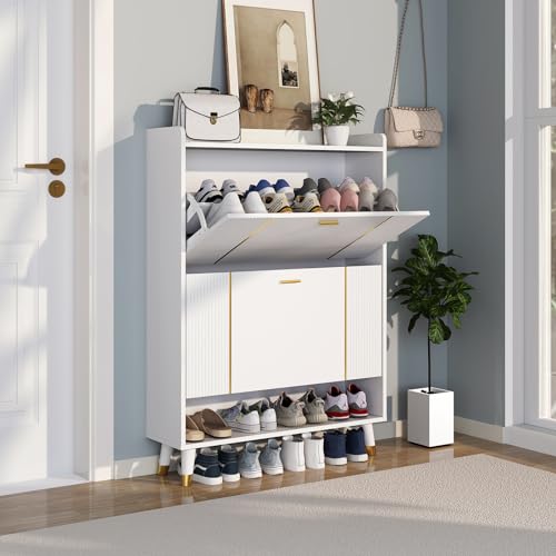 White 3 Flip Drawers Wooden Shoe Cabinet, Holds 28 Pairs G650264