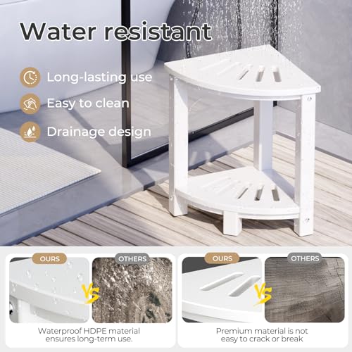 White HDPE Corner Shower Stool with Storage Shelf H29917