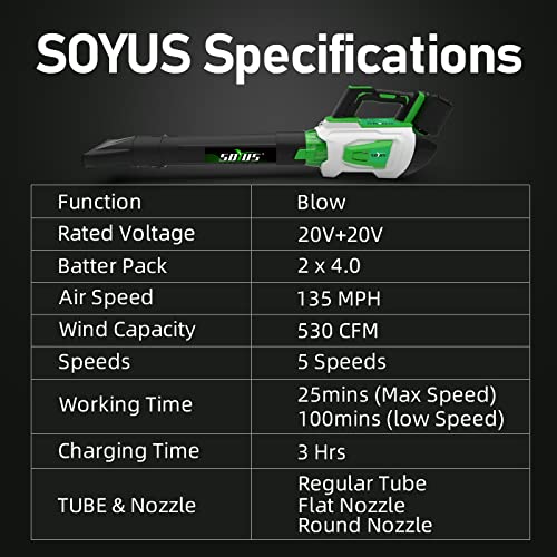 40V 135MPH 530CFM 5 Speeds Cordless Leaf Blower with 3 Tube Nozzle U345795
