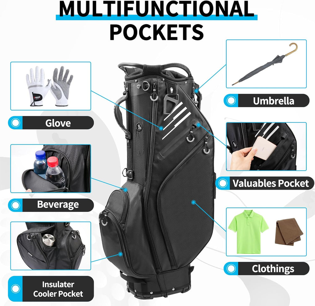 Black 14 Way Full-Length Dividers Lightweight Waterproof Golf Bag with Stand U3943