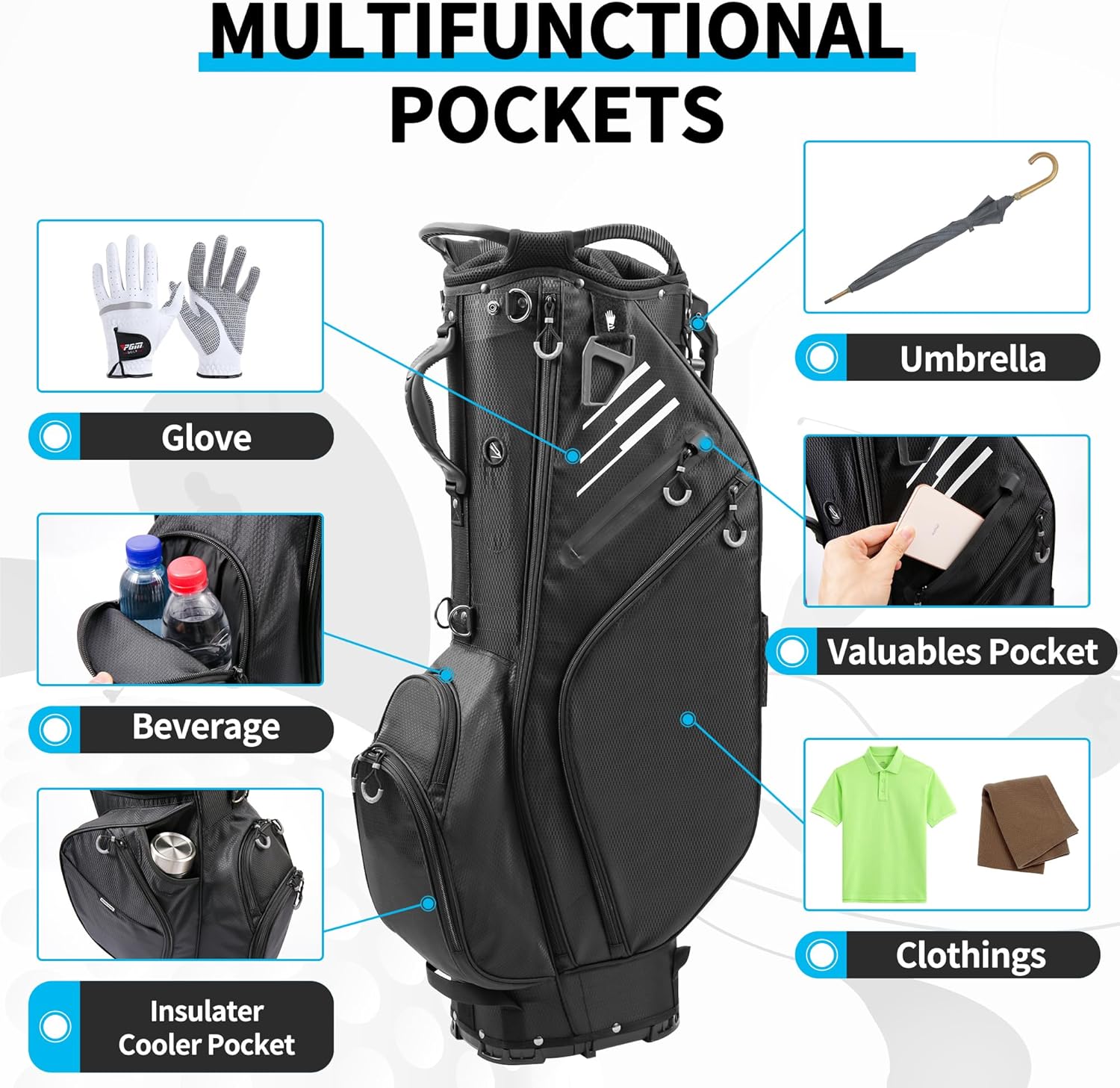 Black 14 Way Full-Length Dividers Lightweight Waterproof Golf Bag with Stand U3943