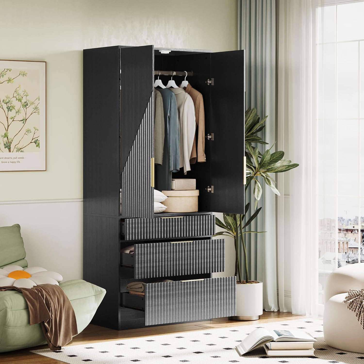 Black Wooden Wardrobe Armoire with 2 Doors and 3 Drawer S78274
