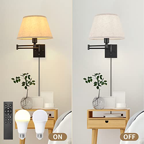 2 Pack Plug In Wall Sconces with Remote Control, White Fabric Shade H48770