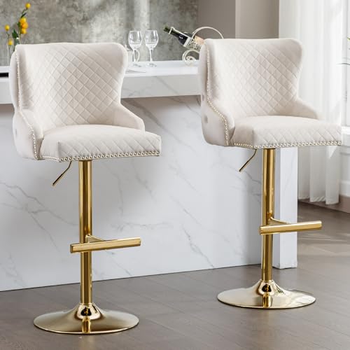 Beige Velvet Adjustable Swivel Barstools Set of 2 U9788