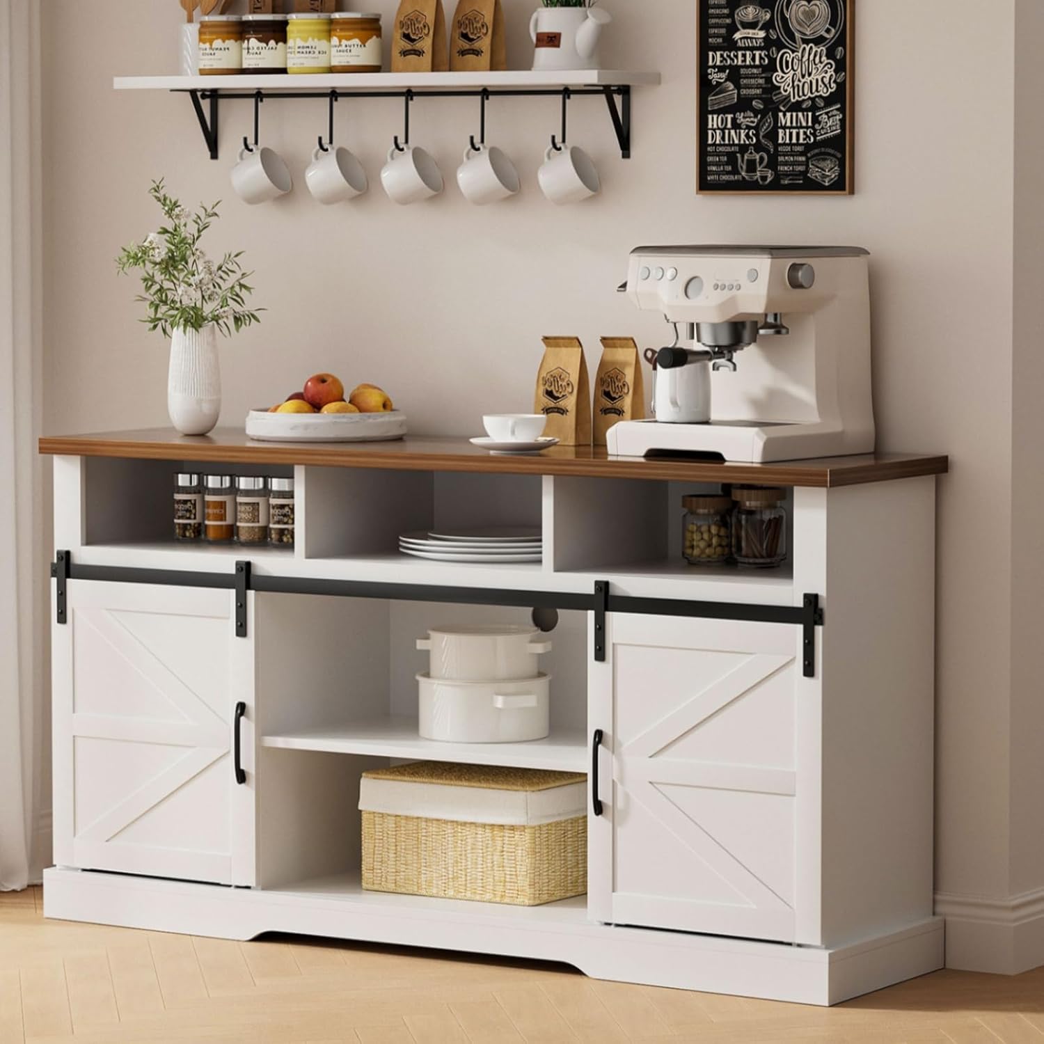 White 58" Coffee Bar Cabinet with Sliding Barn Door and Adjustable Shelf H144