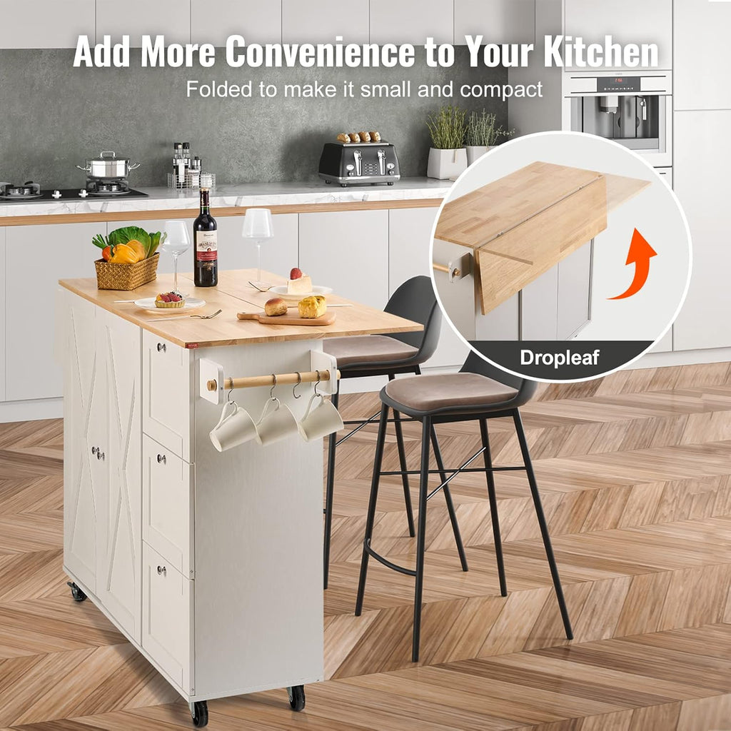 White Solid Wood Top Kitchen Island Cart with Storage Cabinet and Drop Leaf S871