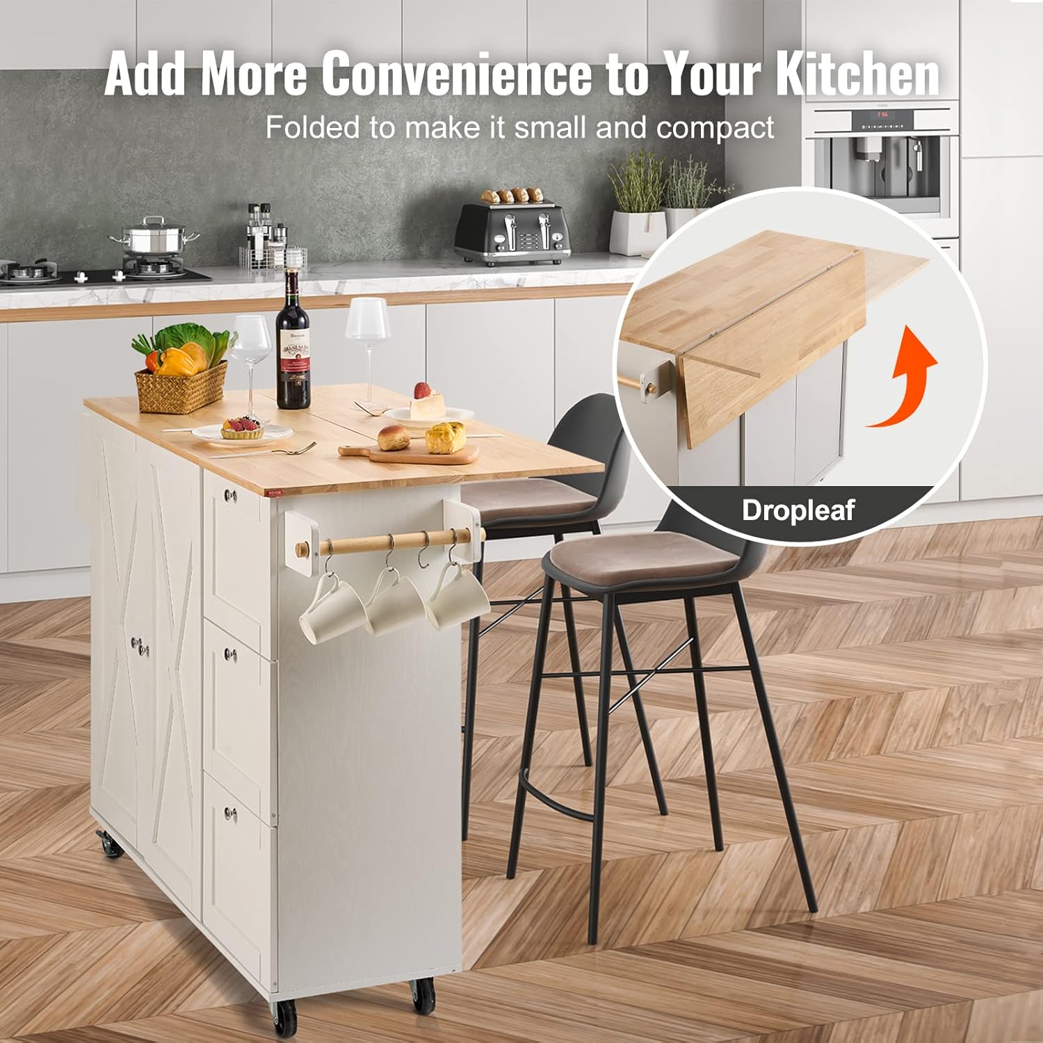 White Solid Wood Top Kitchen Island Cart with Storage Cabinet and Drop Leaf S871