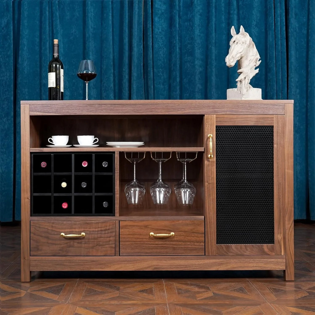 Solid Walnut Hardwood Bar Cabinet with Storage and Large Drawer P9046