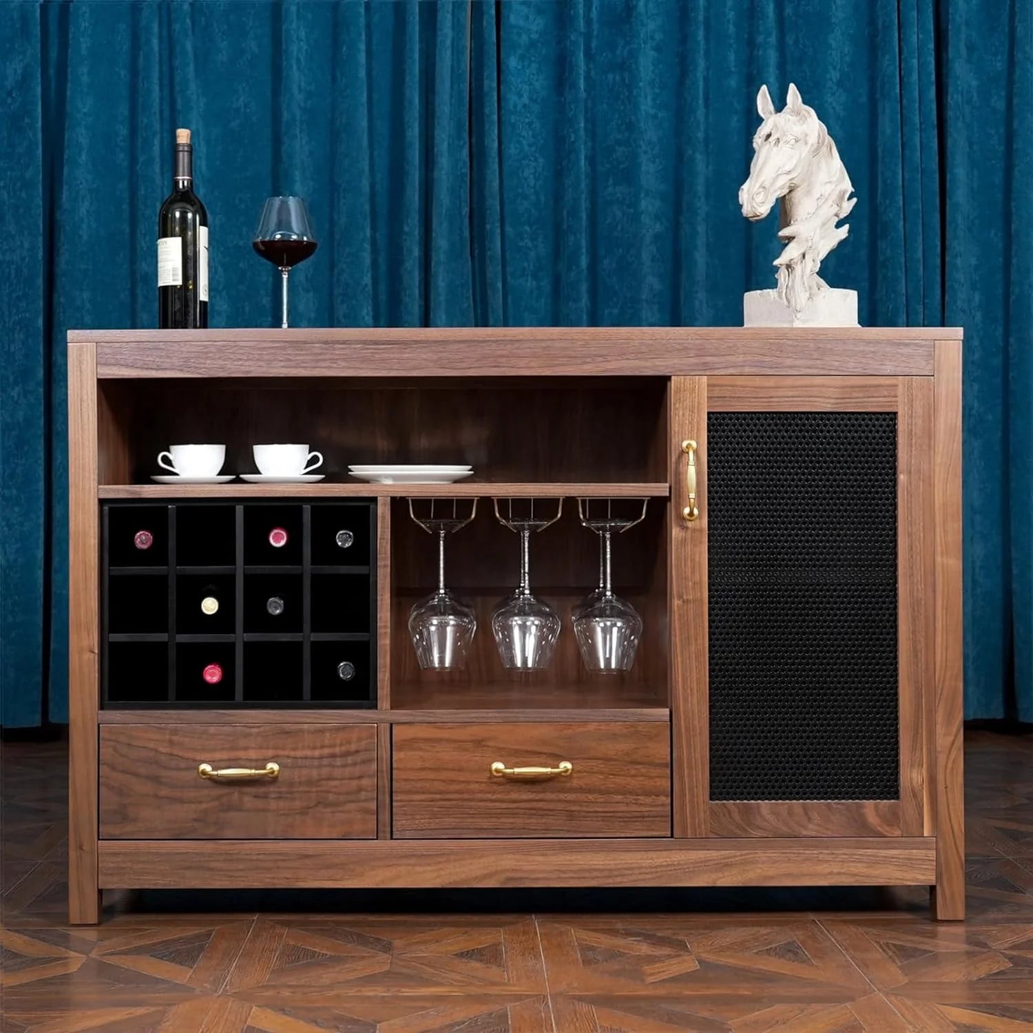 Solid Walnut Hardwood Bar Cabinet with Storage and Large Drawer P9046