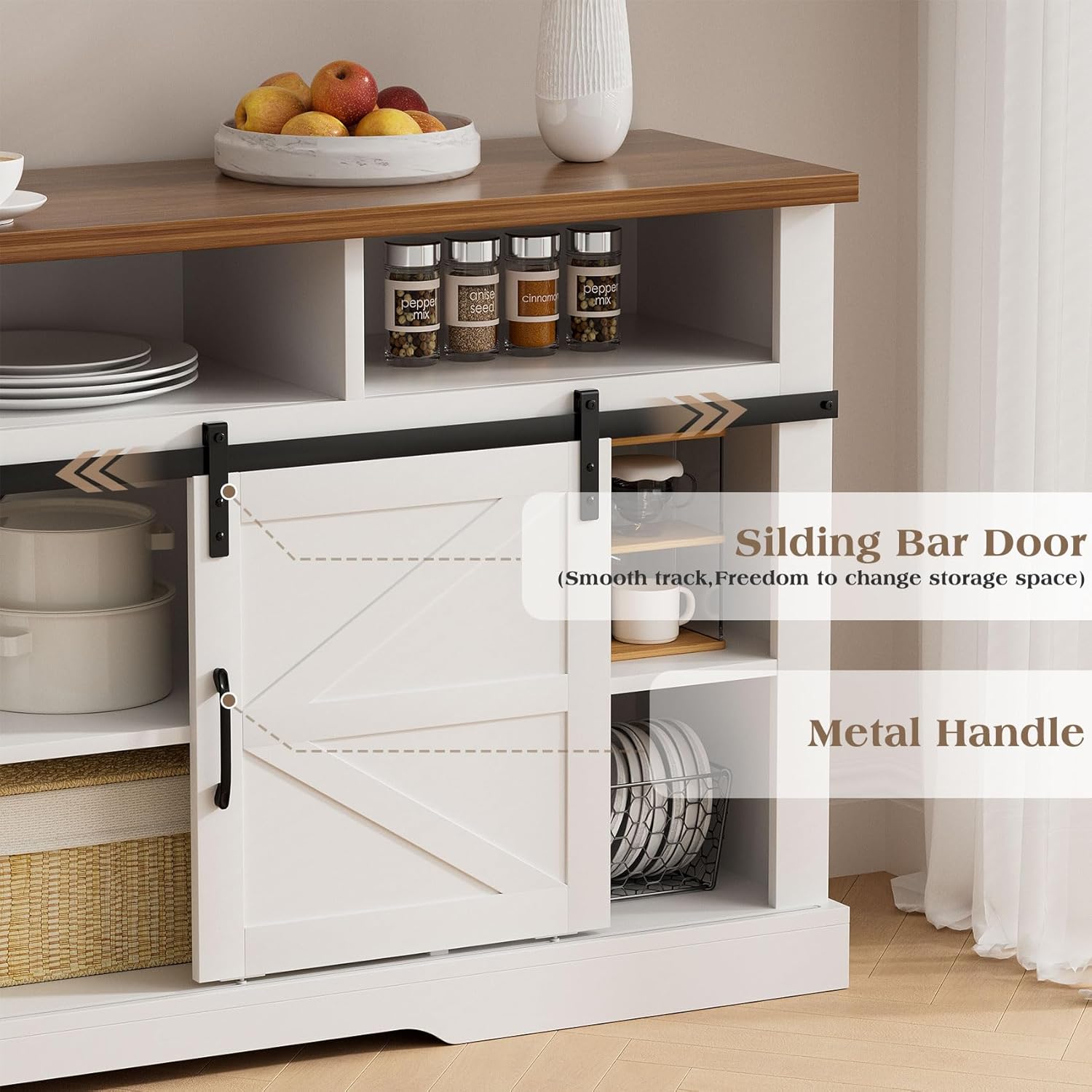 White 58" Coffee Bar Cabinet with Sliding Barn Door and Adjustable Shelf H144