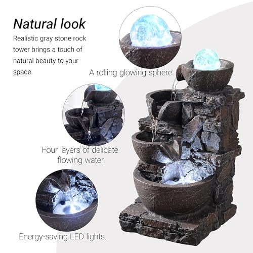 4-Tier Stone Tabletop Fountain with LED Lights W9132