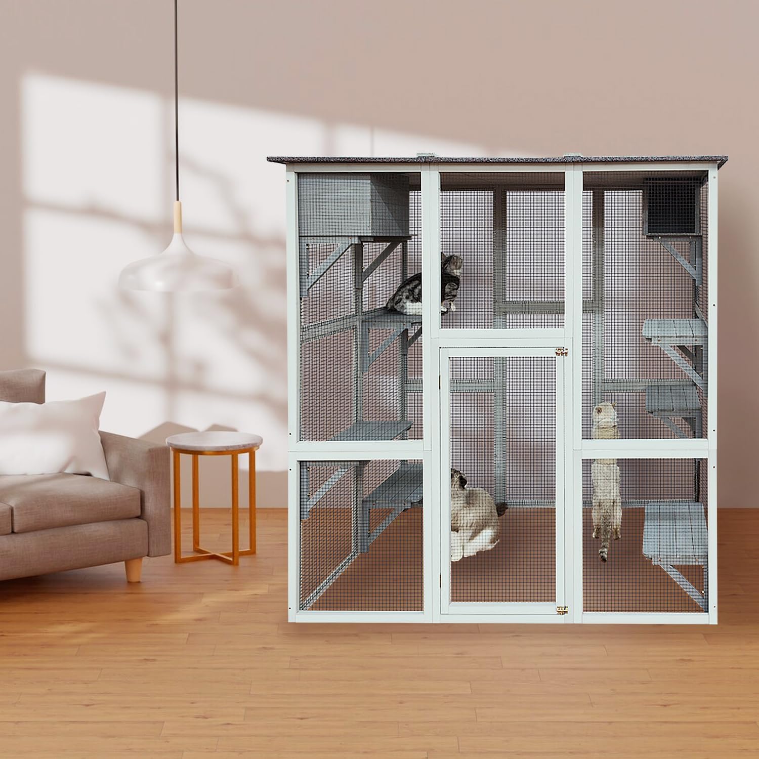 Gray 3-Tier Wooden Cat House with 4 Platforms and 2 Doors Y9166