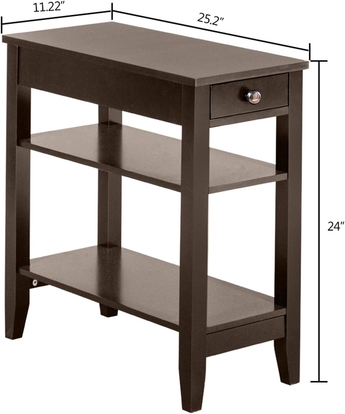 Brown End Table with Drawer, 2-Tier Open Storage Shelves, 11.2" L x 23.62" W x 24" H D5825