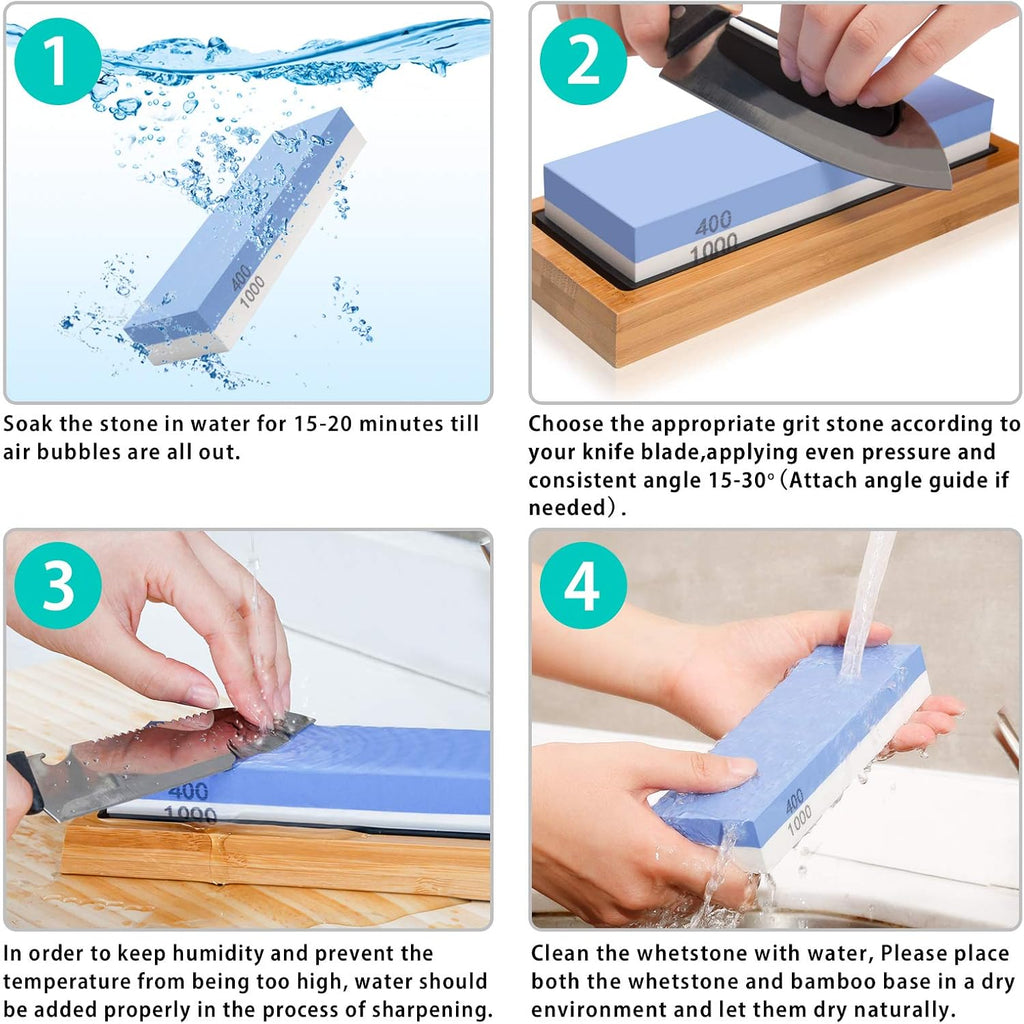4 Side Grit 400/1000 3000/8000 Whetstone Set with Bamboo Base H18738