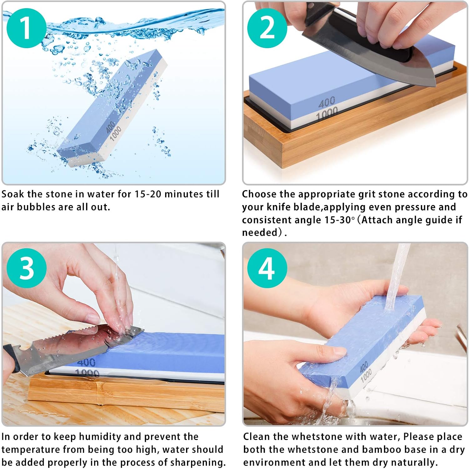 4 Side Grit 400/1000 3000/8000 Whetstone Set with Bamboo Base H18738