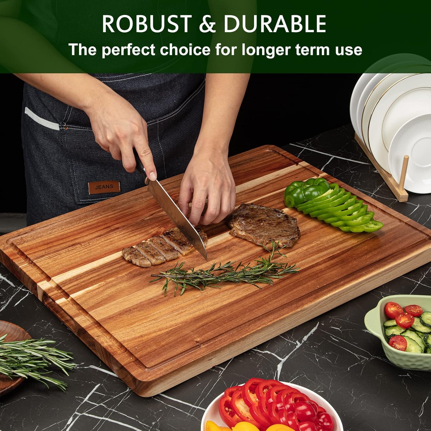 Acacia Wood Cutting Board 24x18 inch with Handle Juice Groove G67867