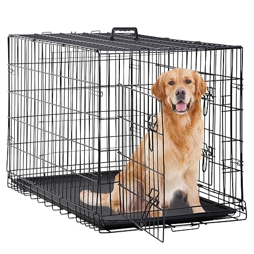 Black Double-Door Folding Metal Wire Dog Crate with Plastic Tray N638137