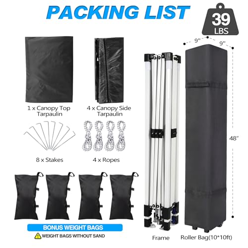 10x10 Pop Up Canopy Tent with 4 Removable Sidewalls and Windows, Black Y7644