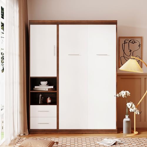 Queen Size White Murphy Bed with Built-in Dual Power/USB Port and Removable Shelves G2999