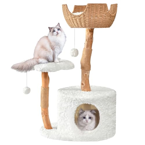 White Wood Cat Tree with Scratching Posts and Flower Platforms O520415
