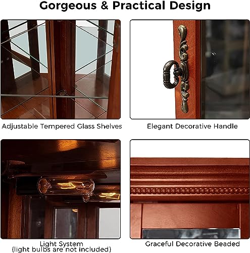 Walnut Wooden Corner Curio Cabinet with Adjustable Tempered Glass Shelves B64231