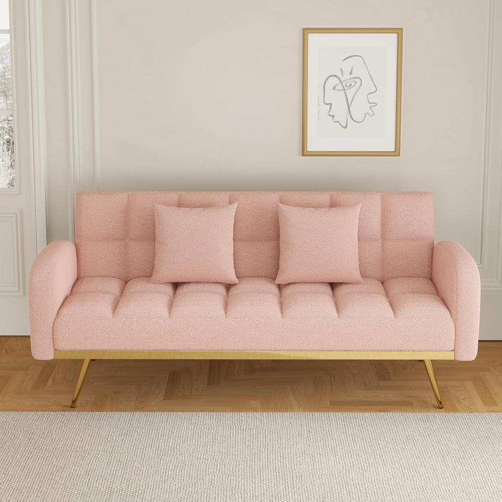 Pink Convertible Sleeper Loveseat Sofa 2-in-1 Adjustable Bed Futon Recliner with 2 Throw Pillows W7367
