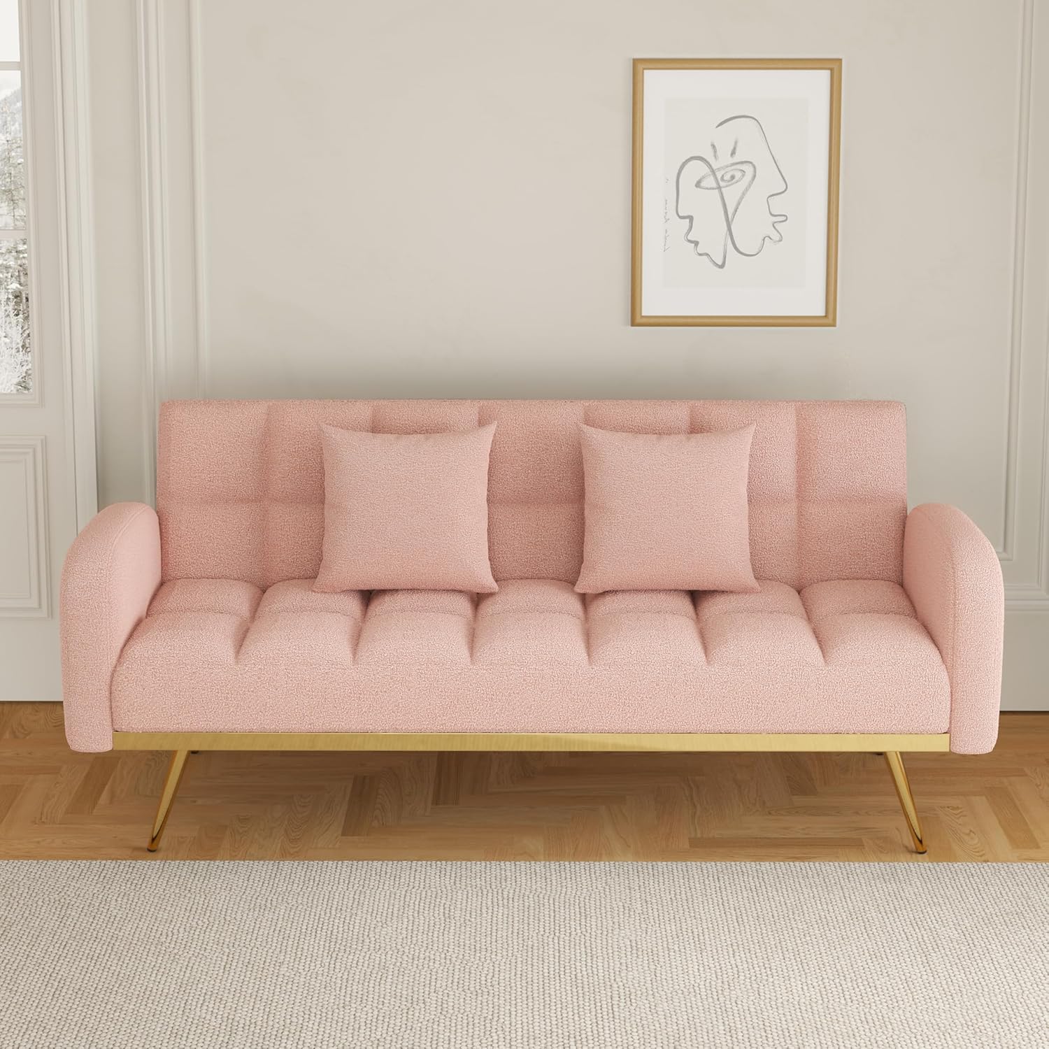 Pink Convertible Sleeper Loveseat Sofa 2-in-1 Adjustable Bed Futon Recliner with 2 Throw Pillows W7367
