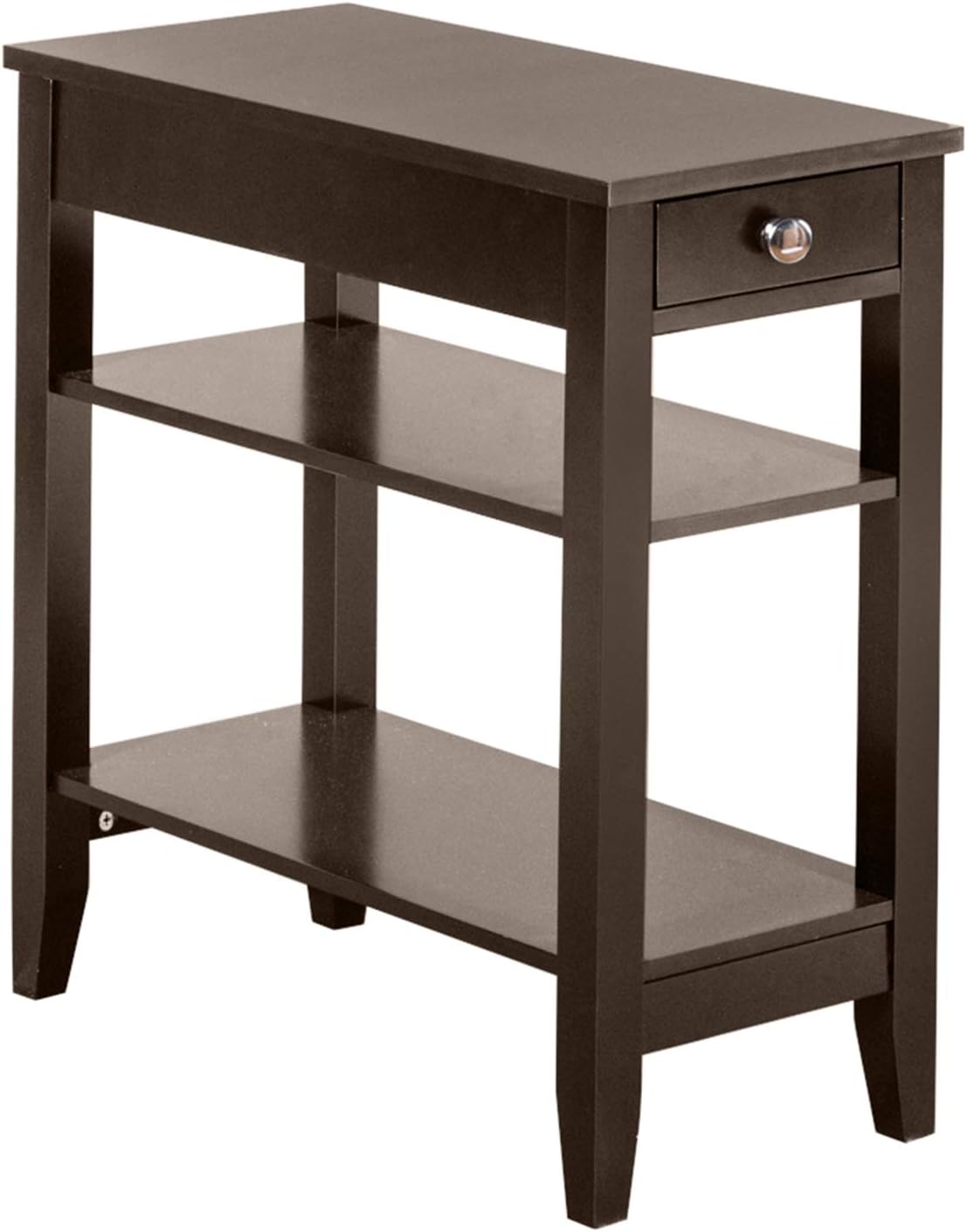 Brown End Table with Drawer, 2-Tier Open Storage Shelves, 11.2" L x 23.62" W x 24" H D5825