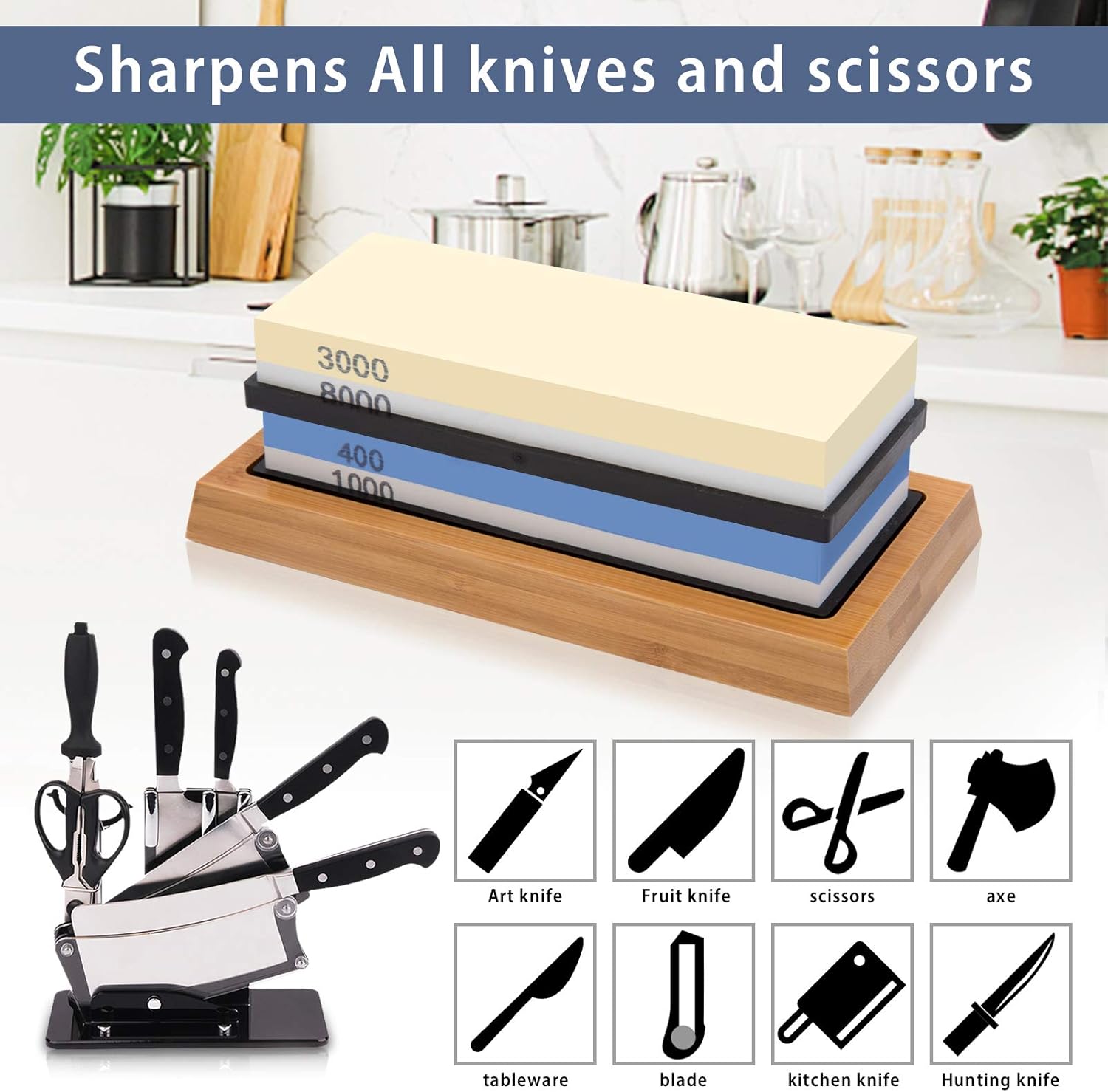 4 Side Grit 400/1000 3000/8000 Whetstone Set with Bamboo Base H18738