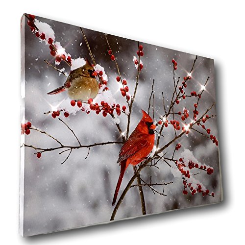 LED Cardinals Canvas Print Lighted Picture with Cardinal Couple and Holiday Berries H521