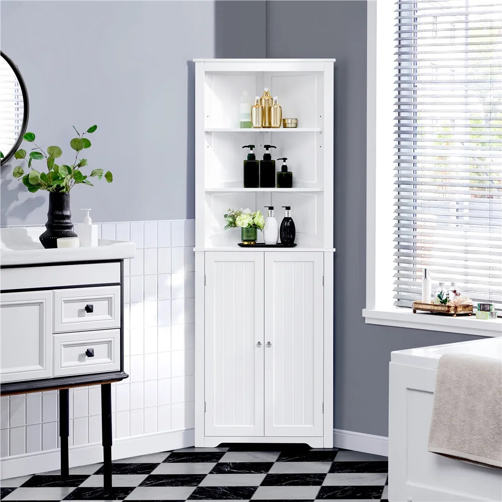 White Wooden Corner Cabinet with Open Shelf A275