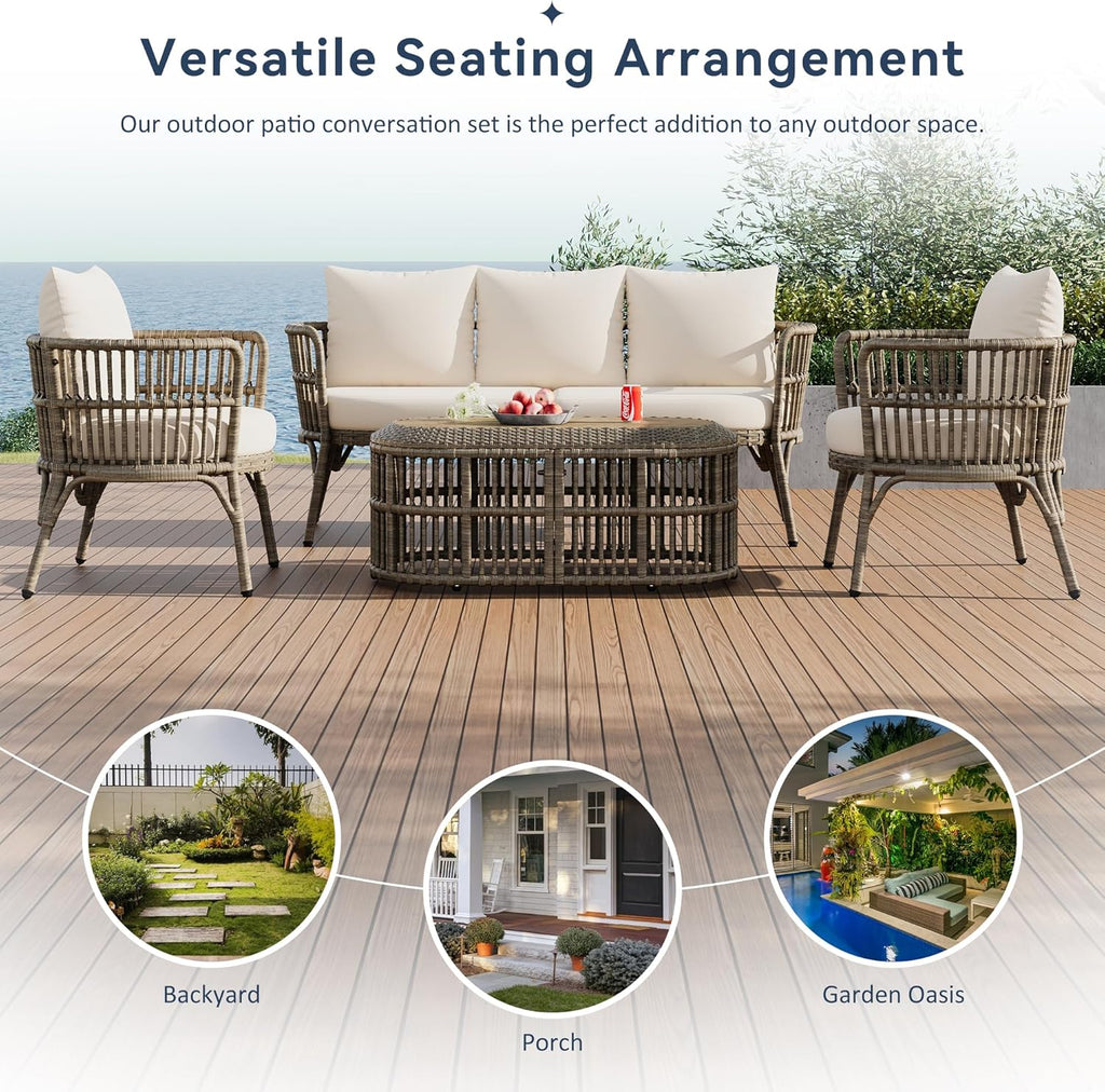 4-Piece Rattan Outdoor Patio Conversation Set with Coffee Table (Brown Grey) R13544