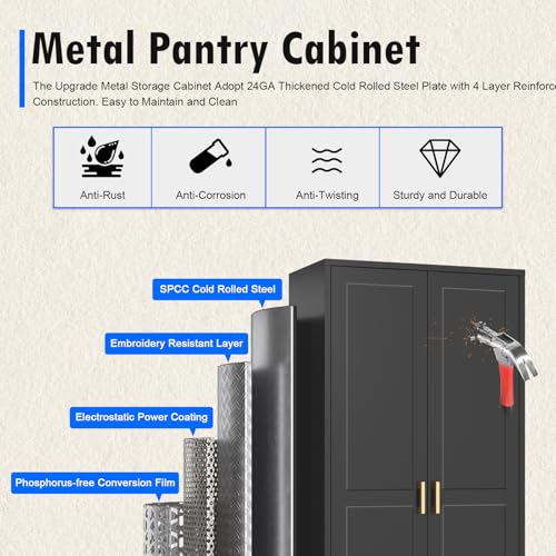 Black 60 Inch Tall Metal Pantry Cabinet with Doors and Shelves P114