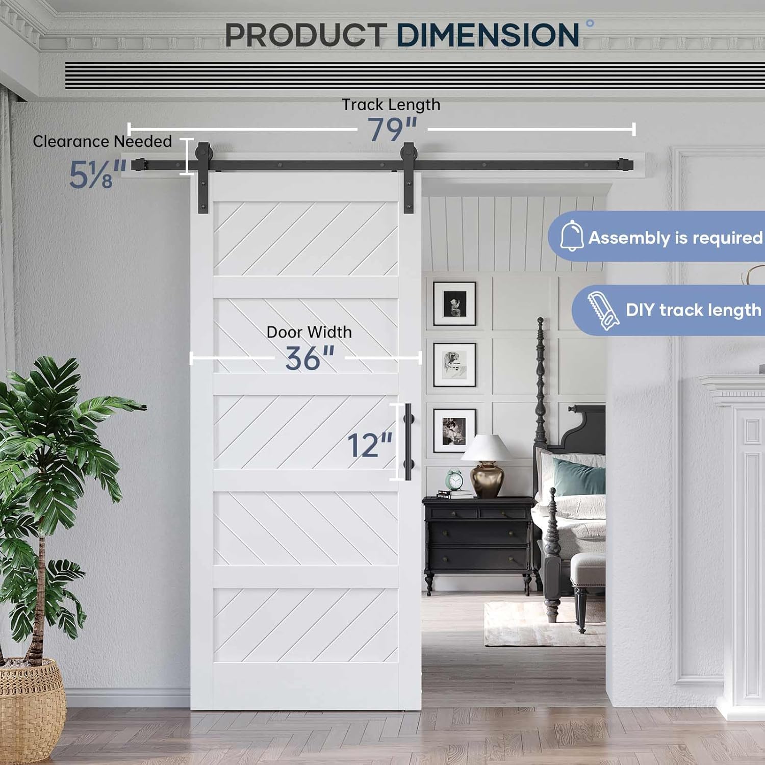 White Barn Door with Sliding Door Hardware Kit, Solid MDF Wood Slab with PVC Surface, 5-Panel M4769