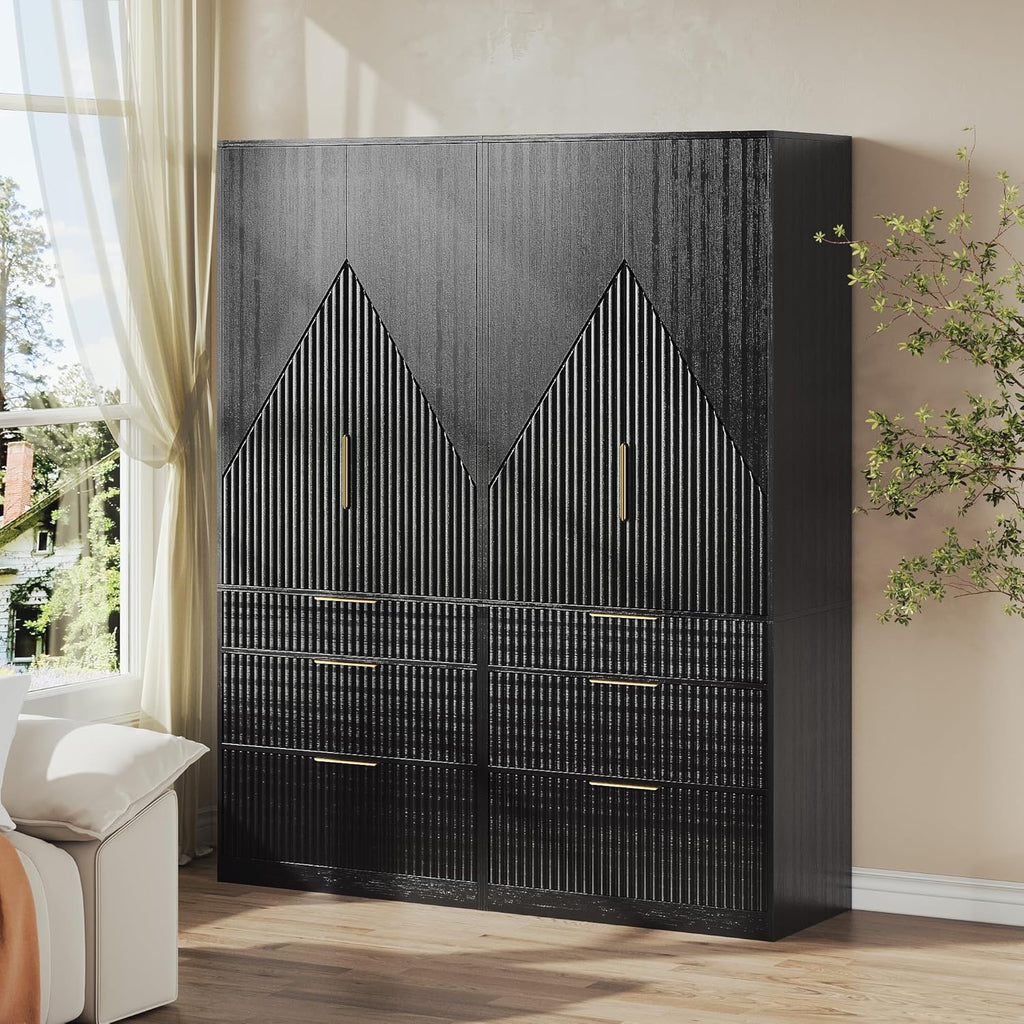 Black Wooden Wardrobe Armoire with 2 Doors and 3 Drawer S78274