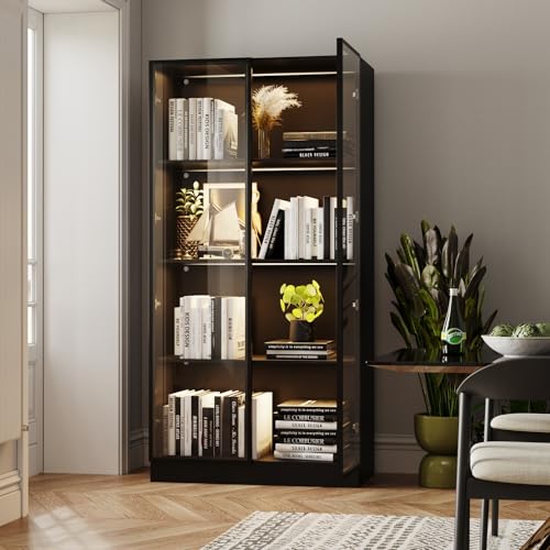 Black 3-Tier Display Cabinet with Glass Doors and Lights B667296