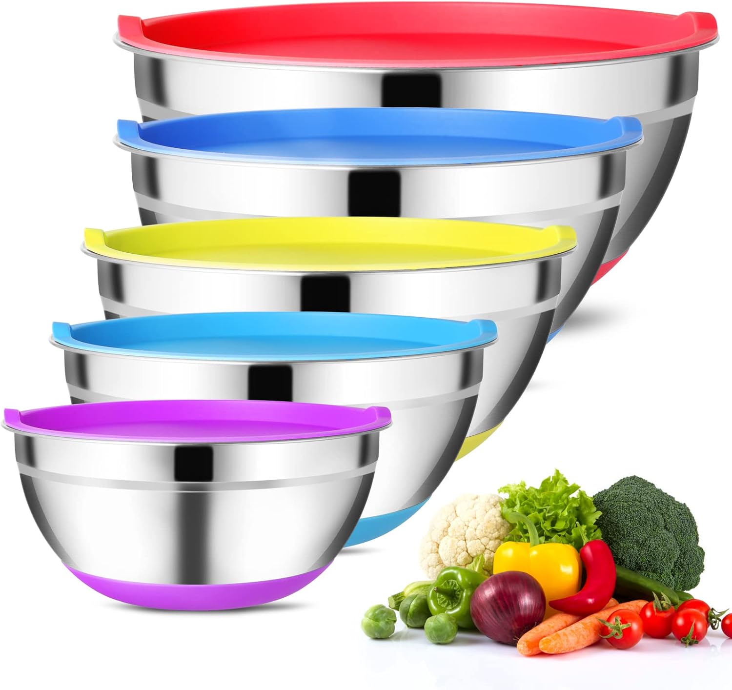 Set of 5 Stainless Steel Mixing Bowls with Airtight Lids H652