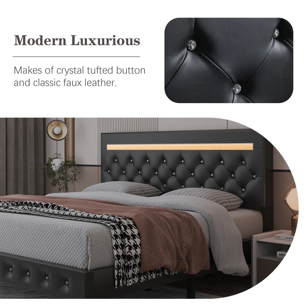 Full Size LED Leather Bed Frame with Headboard T6336