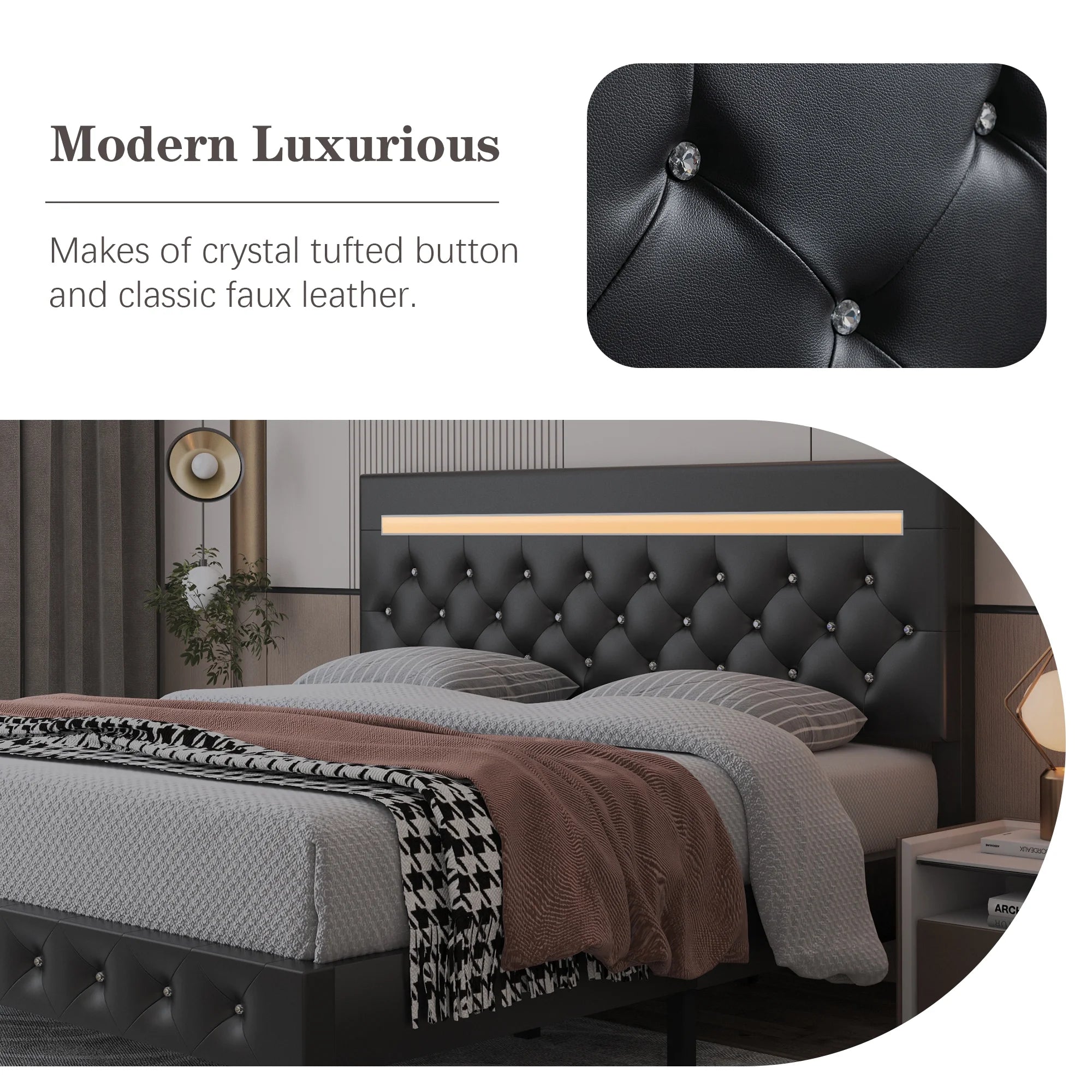 Full Size LED Leather Bed Frame with Headboard T6336