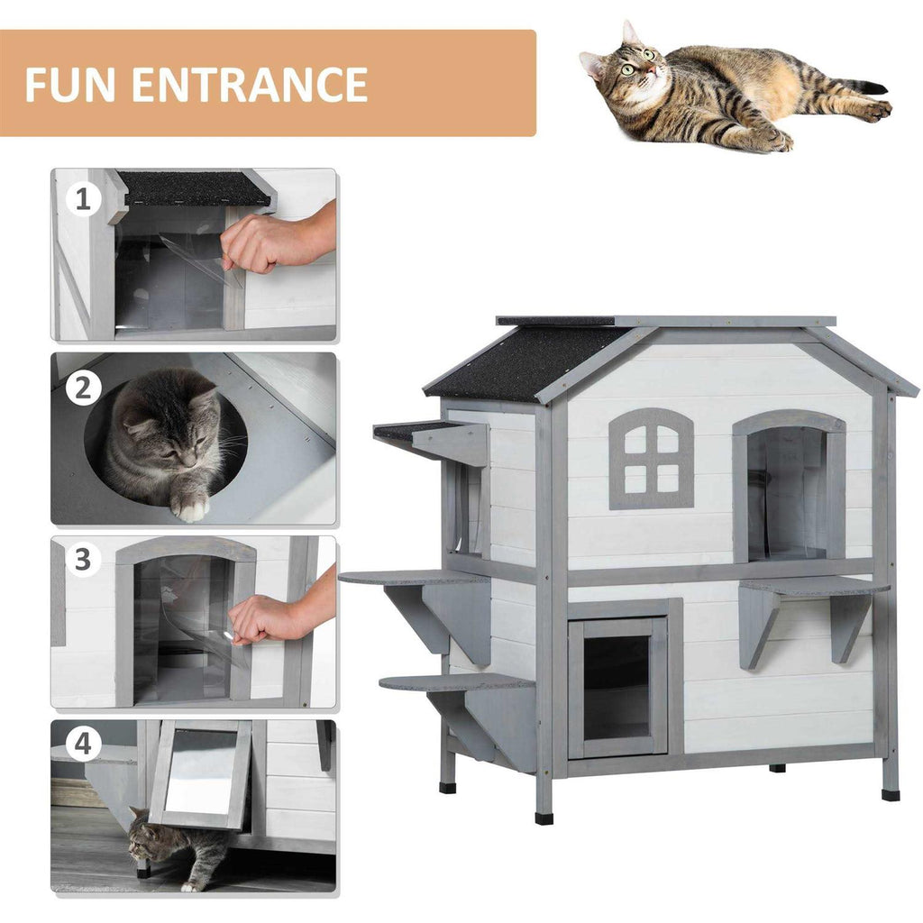 Wooden 2-Story Outdoor Cat House with Escape Door A8395