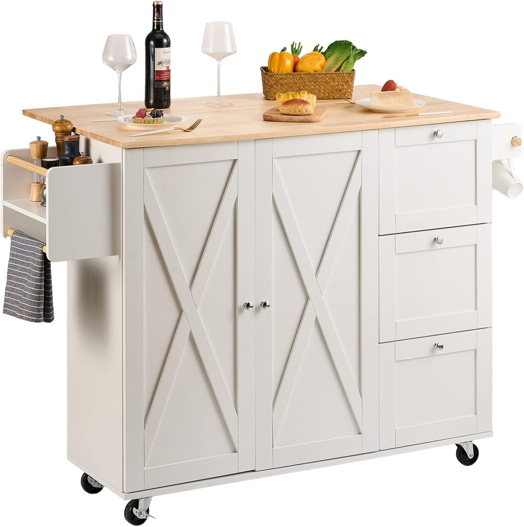 White Solid Wood Top Kitchen Island Cart with Storage Cabinet and Drop Leaf S871