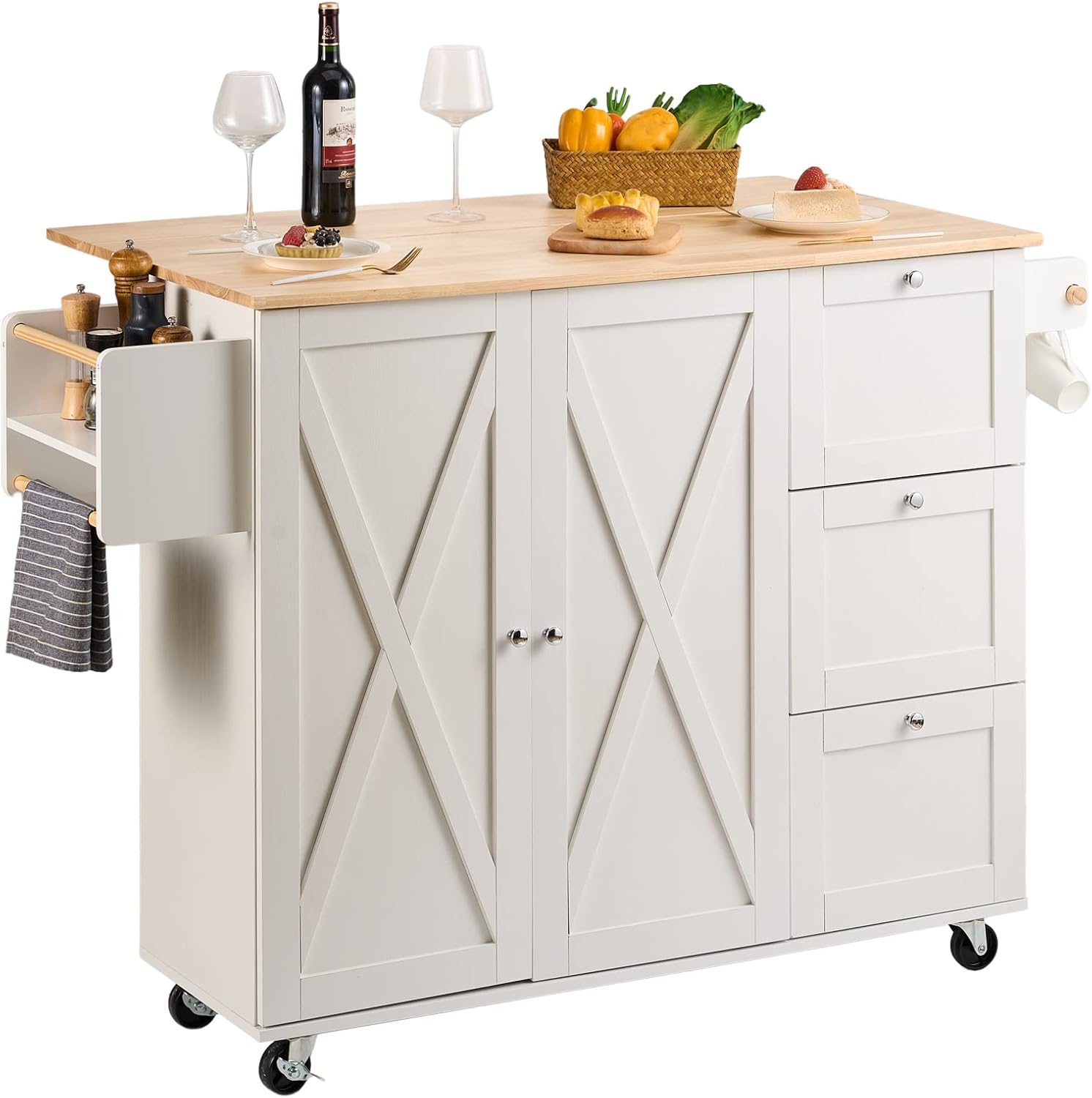 White Solid Wood Top Kitchen Island Cart with Storage Cabinet and Drop Leaf S871