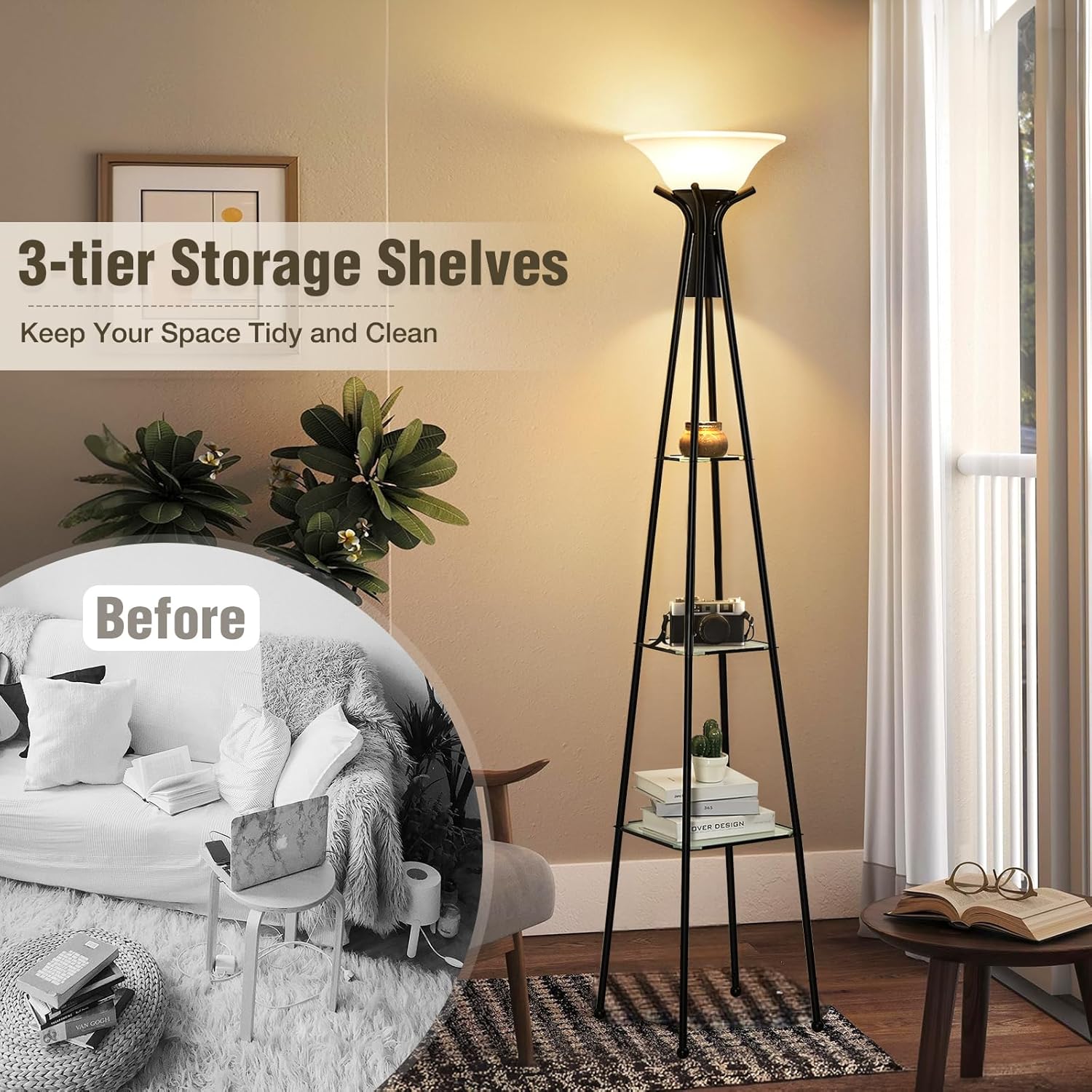 Black 69" Tall 3-Tier Glass Shelf Floor Lamp with 8W Bulb H595