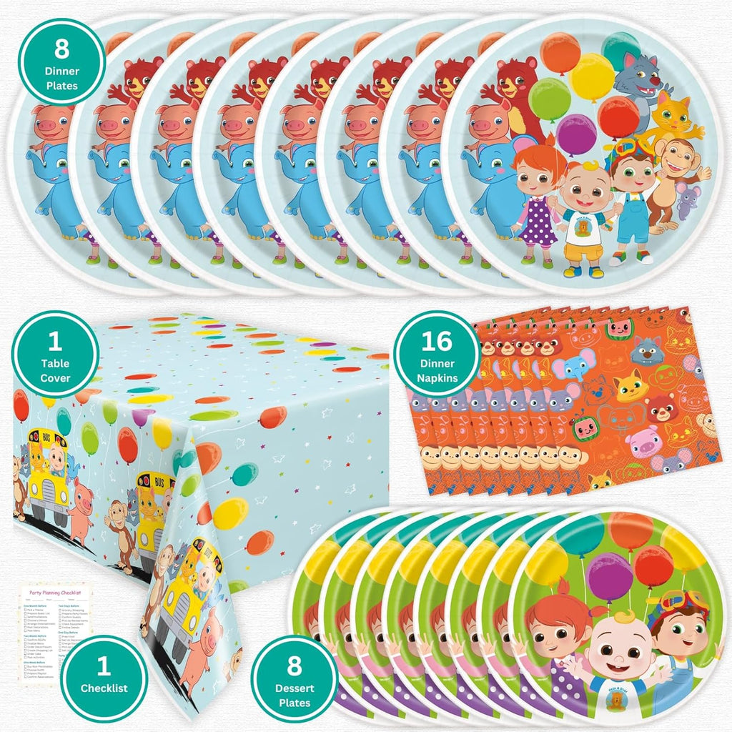 Cocomelon Birthday Decorations Pack for 8 Guests - Plates and Napkins, Tablecloth, Checklist - Party Decorations, Party Supplies W55207