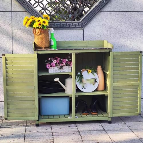 Green Outdoor Potting Bench with Metal Top and Wooden Storage Cabinet Z3664