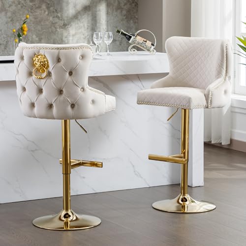 Beige Velvet Adjustable Swivel Barstools Set of 2 U9788