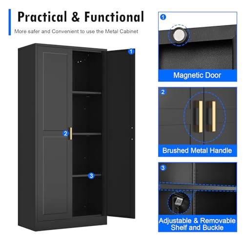 Black 60 Inch Tall Metal Pantry Cabinet with Doors and Shelves P114