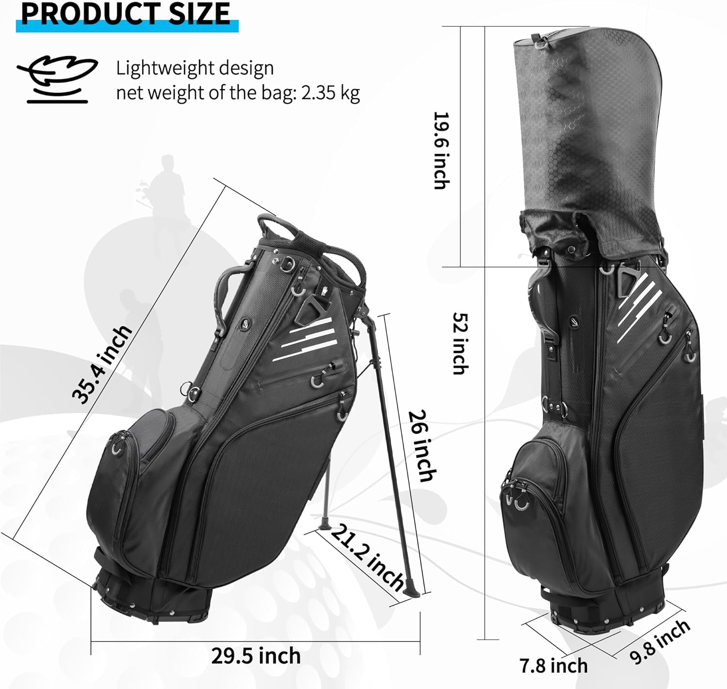 Black 14 Way Full-Length Dividers Lightweight Waterproof Golf Bag with Stand U3943