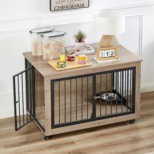 Large Dog Kennel Furniture with 1 Stainless Steel Bowls (43Inch Grey) R206